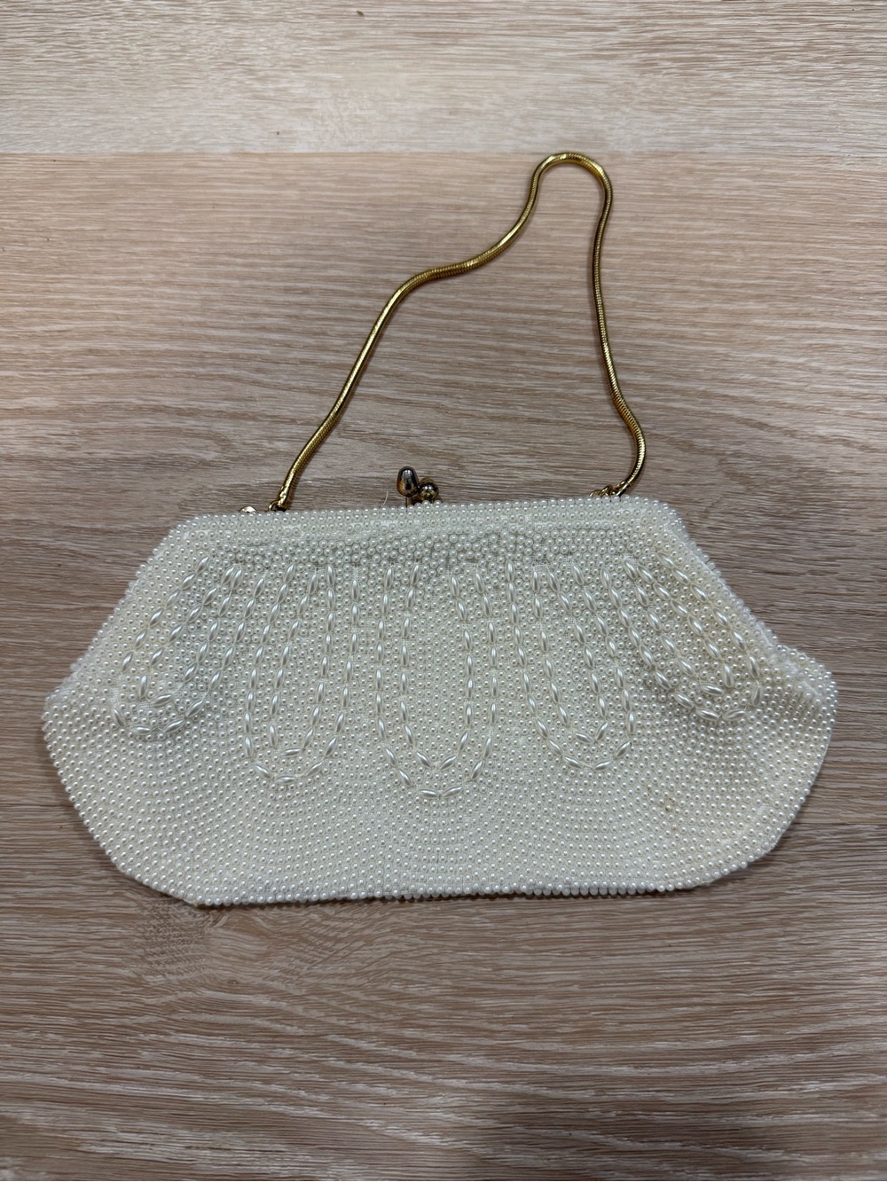 Vintage Cream Beaded Evening Clutch with Gold Handle